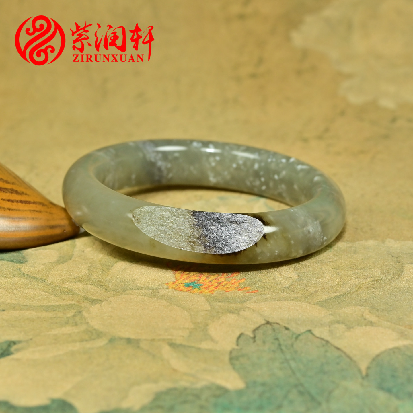 紫润轩新疆和田玉聚黑皮籽料手镯青白紫调青花玉镯56 5MM三色精品