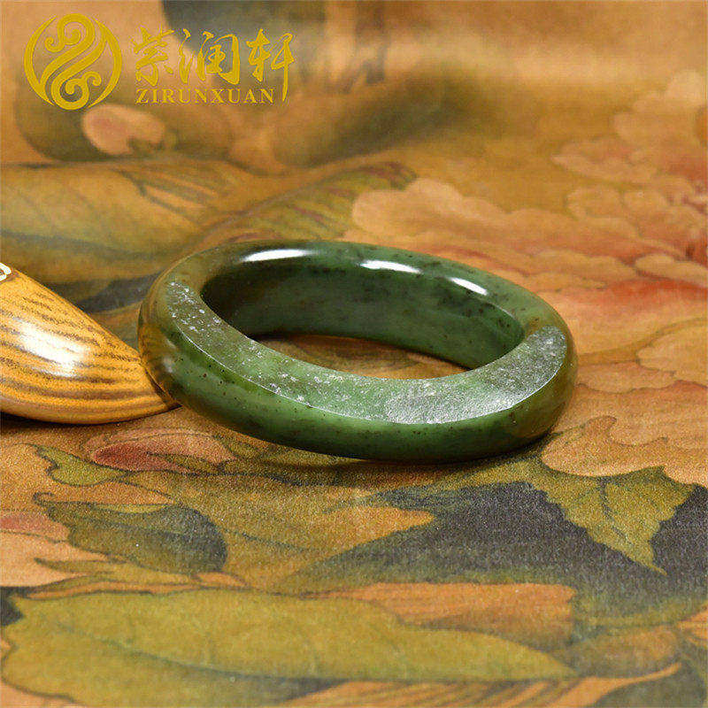 紫润轩新疆和田玉碧玉手镯56 5MM籽料糖皮菠菜绿满皮随形宽版收藏