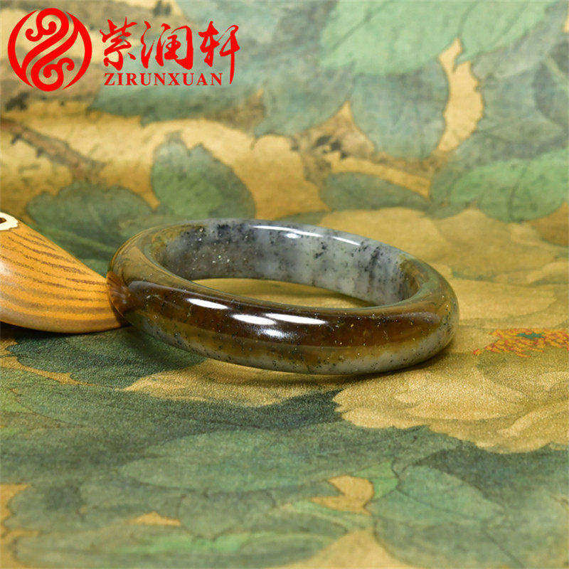 紫润轩新疆和田玉糖青花手镯肥厚款聚红糖色水墨玉镯60 5MM收藏级