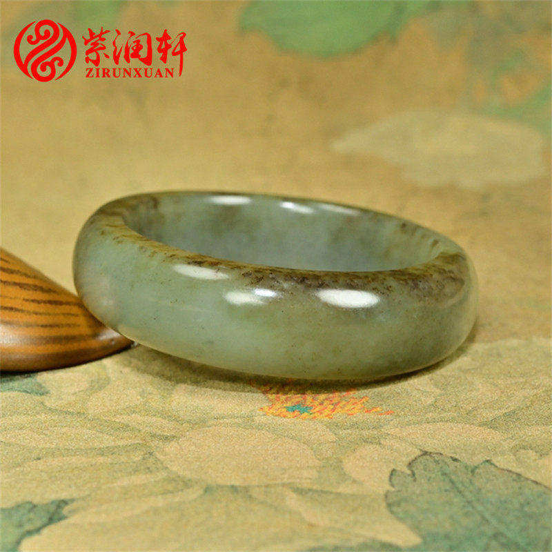 紫润轩疆和田玉满皮籽料手镯糖青白飘青花57MM籽镯四色哑光收藏级