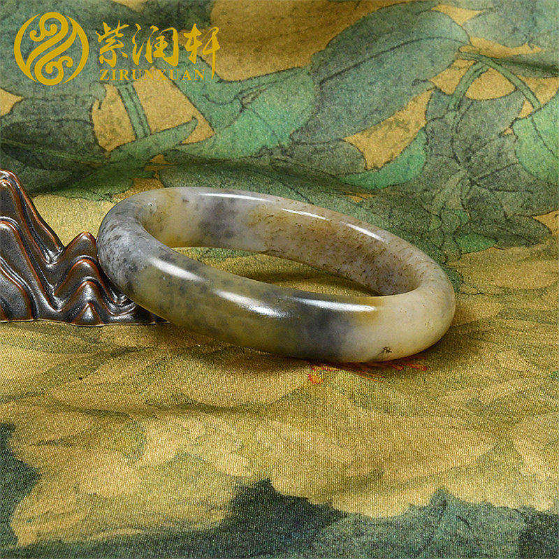 紫润轩新疆和田玉白底糖青花三色手镯飘墨哑光玉镯54MM山流料精品