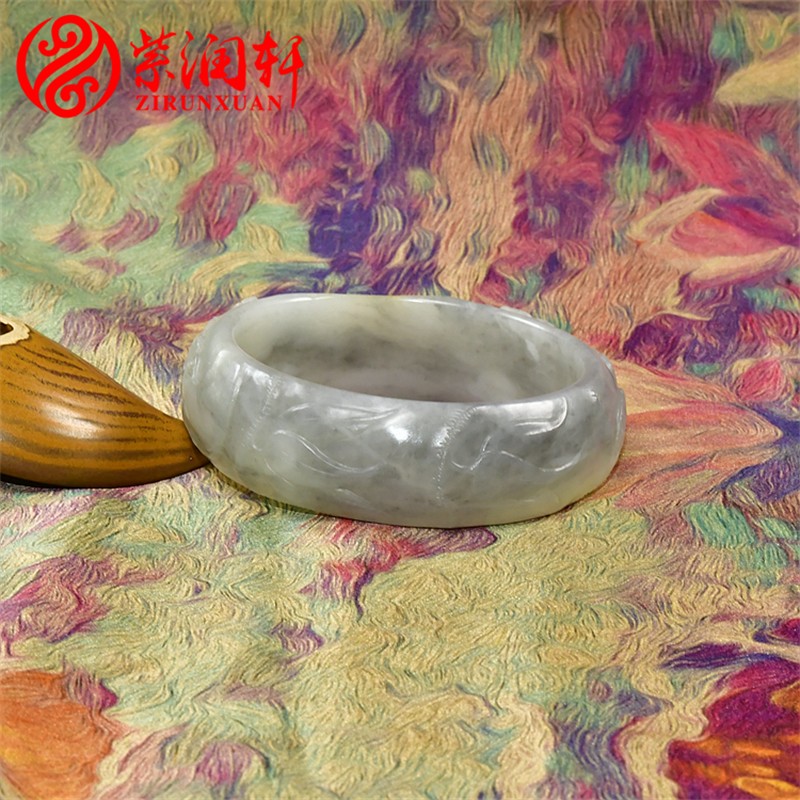 紫润轩新疆和田玉白底水墨青花籽料手镯58 5MM苏工梅松竹岁寒三友