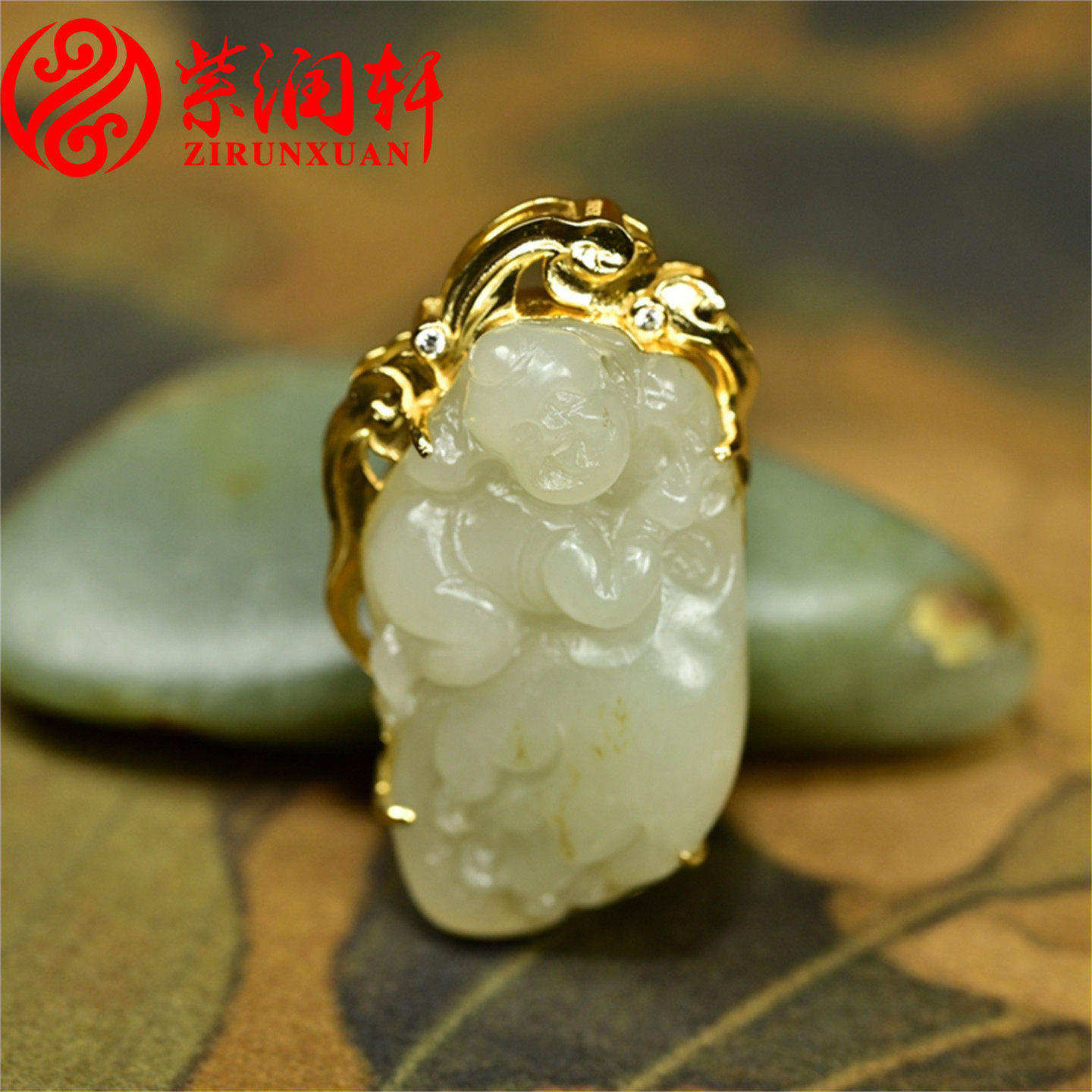 紫润轩新疆和田玉籽料童子吊坠高青白独籽925银包金招财童子挂件