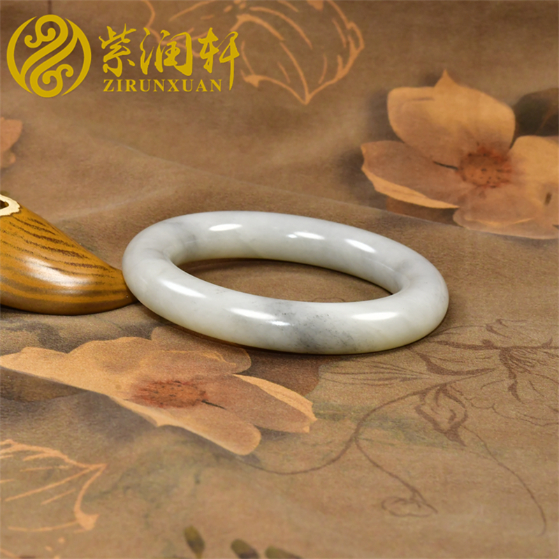 紫润轩新疆和田玉手镯肥圆条白玉水墨青花籽料玉镯56 8MM亚光肥厚
