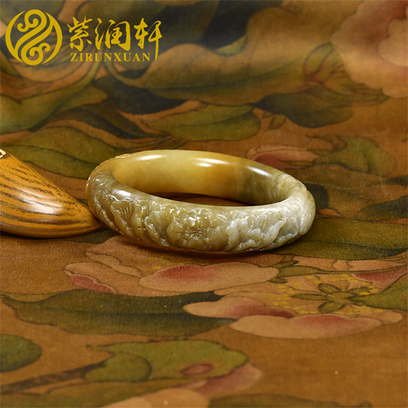 紫润轩新疆和田玉糖青花玉手镯雕花凤穿牡丹玉镯54MM哑光蜜糖珍品