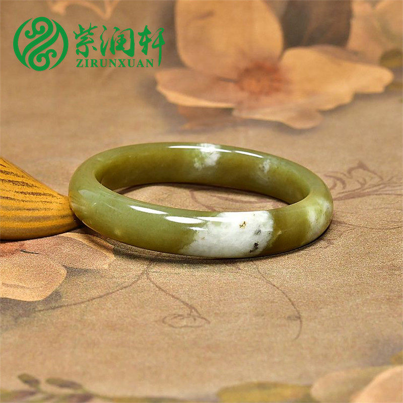 紫润轩新疆和田玉山流水糖黄玉手镯沁白皮57MM玉镯俏色高油润精品