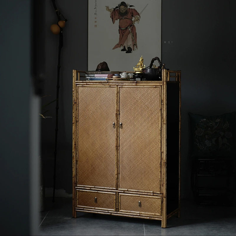 老料梅鹿竹 落地茶柜 茶具收纳展示柜 带柜门抽屉 明式家具