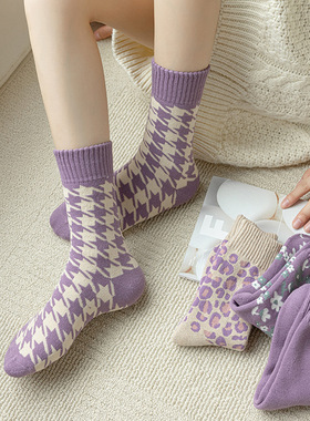 紫色袜子女秋冬款加绒加厚中筒女袜毛圈长袜女士冬天保暖格子棉袜