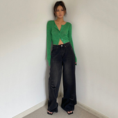 慵懒随性时髦精复古破洞蓝色水洗牛仔长裤 女高腰宽松阔腿拖地长裤