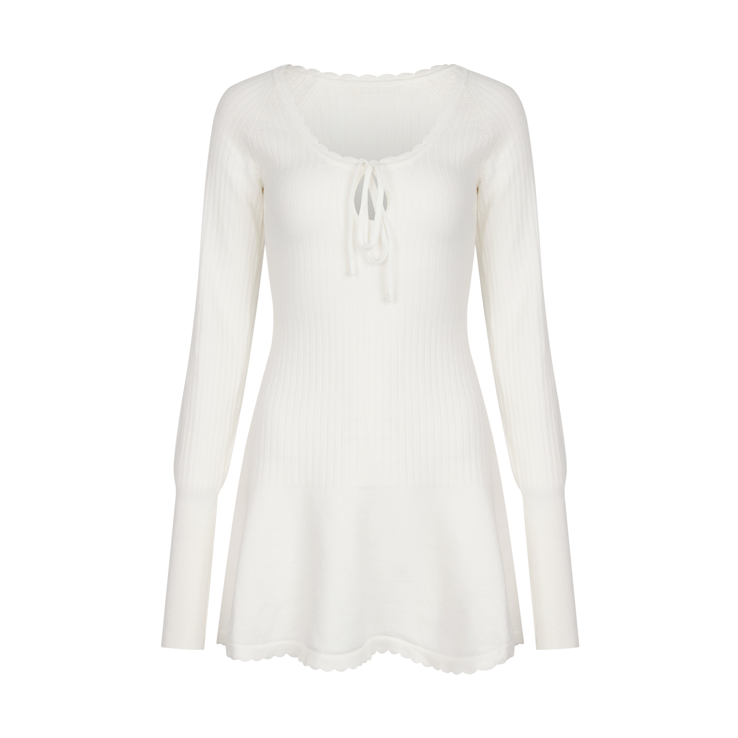 金智妮同款波浪边胸口系带白色修身显瘦长袖针织连衣裙气质短裙