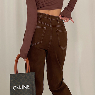 子显瘦百搭 欧美棕色裤 复古加厚明线弹力直筒高腰牛仔长裤 2024新款