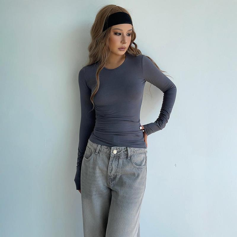 自制辣妹弹力舒适紧身基础圆领长袖T恤打底上衣女透气薄款