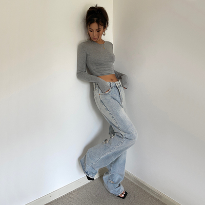 复古宽松阔腿牛仔裤ins街头