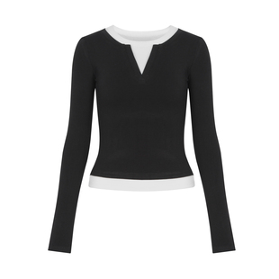 自制街头时尚设计假两件打底衫撞色圆领长袖T恤女加绒小众套525