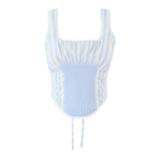 INS度假风复古方领口蕾丝边性感大露背后背绑带条纹背心短上衣夏