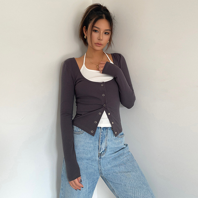 纯欲辣妹个性拼接挂脖金属摁扣假两件长袖T恤修身百搭显瘦上衣ins