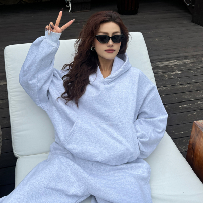 自制 秋装ins复古美式灰色短款连帽卫衣女宽松休闲卫裤长裤套装