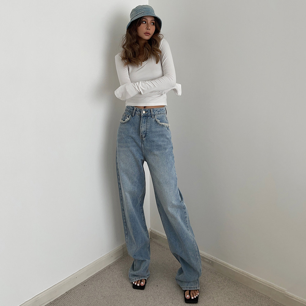 复古做旧口袋磨破拖地长裤直筒阔腿牛仔裤拖地裤百搭2024春秋新款