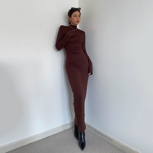 自制欧美御姐半高领加绒包臀裙收腰褶皱设计感女秋冬百搭显瘦bi入