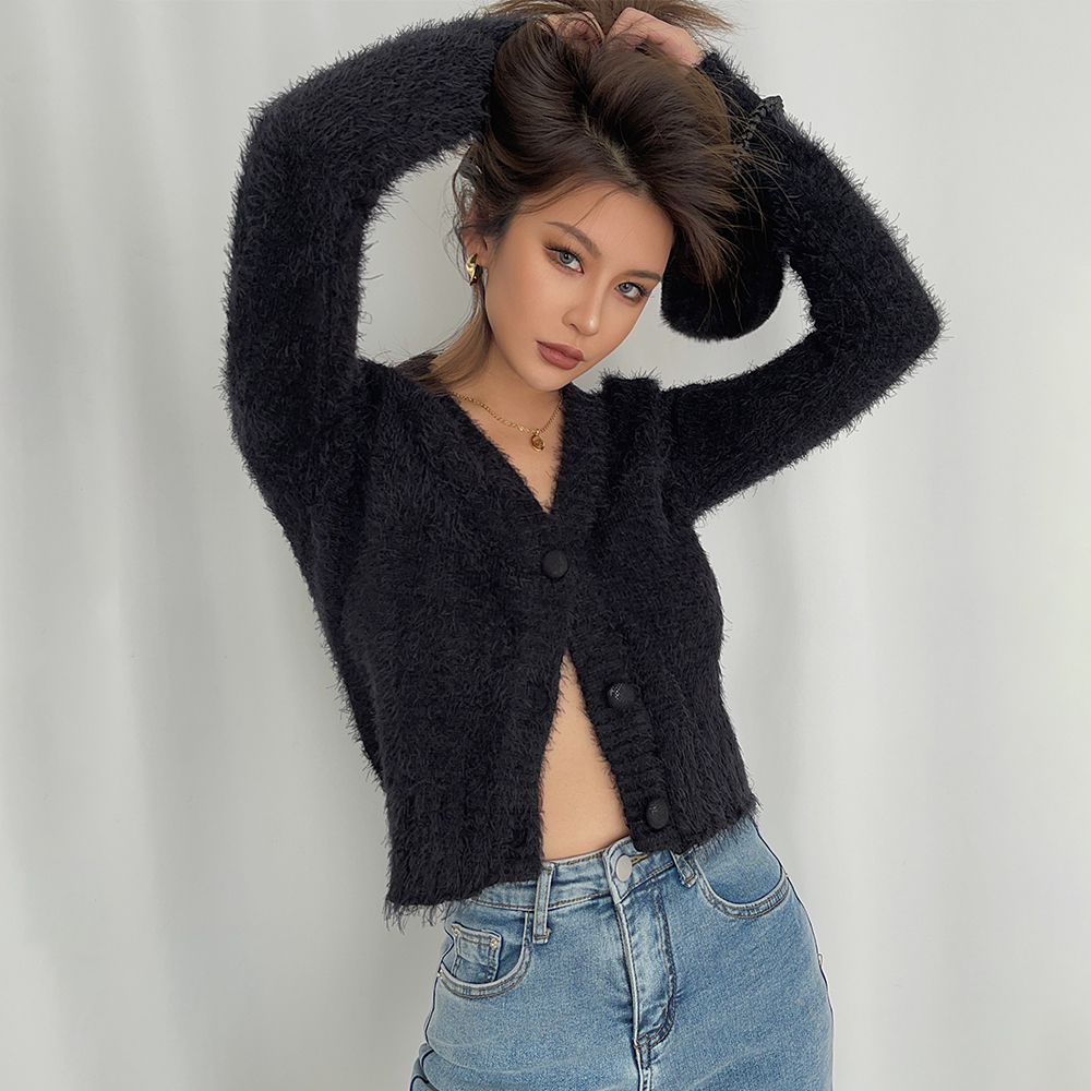 辣妹显瘦高腰V领毛绒软糯针织小开衫长袖毛衣短款外套2024年新款