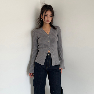美式复古V领长袖T恤女2024春季新款修身百搭内搭上衣打底衫开衫