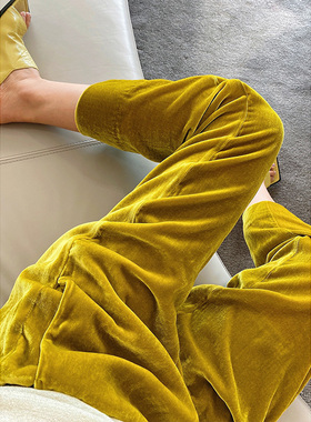 墨绿黄色真丝丝绒哈伦裤女夏季薄款 时尚宽松休闲