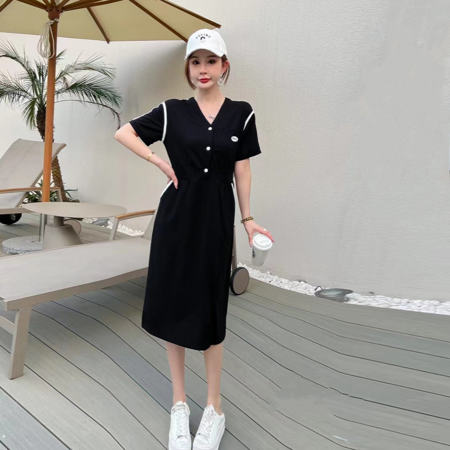韩版短袖V领收腰时尚气质连衣裙夏季女装大码显瘦开叉休闲过膝裙