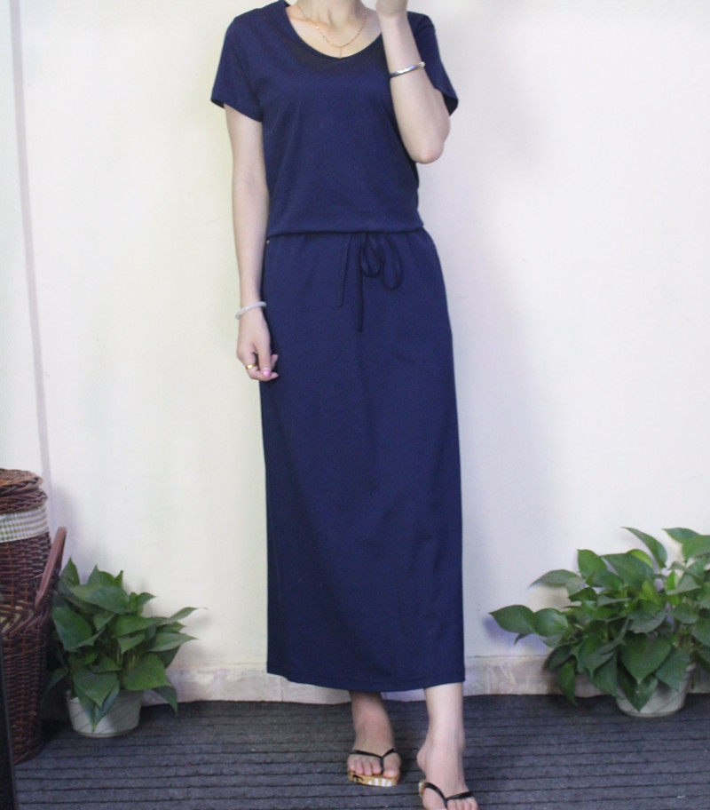 2025女装夏连衣裙休闲纯棉大码长裙短袖圆领显瘦抽绳收腰拖地裙