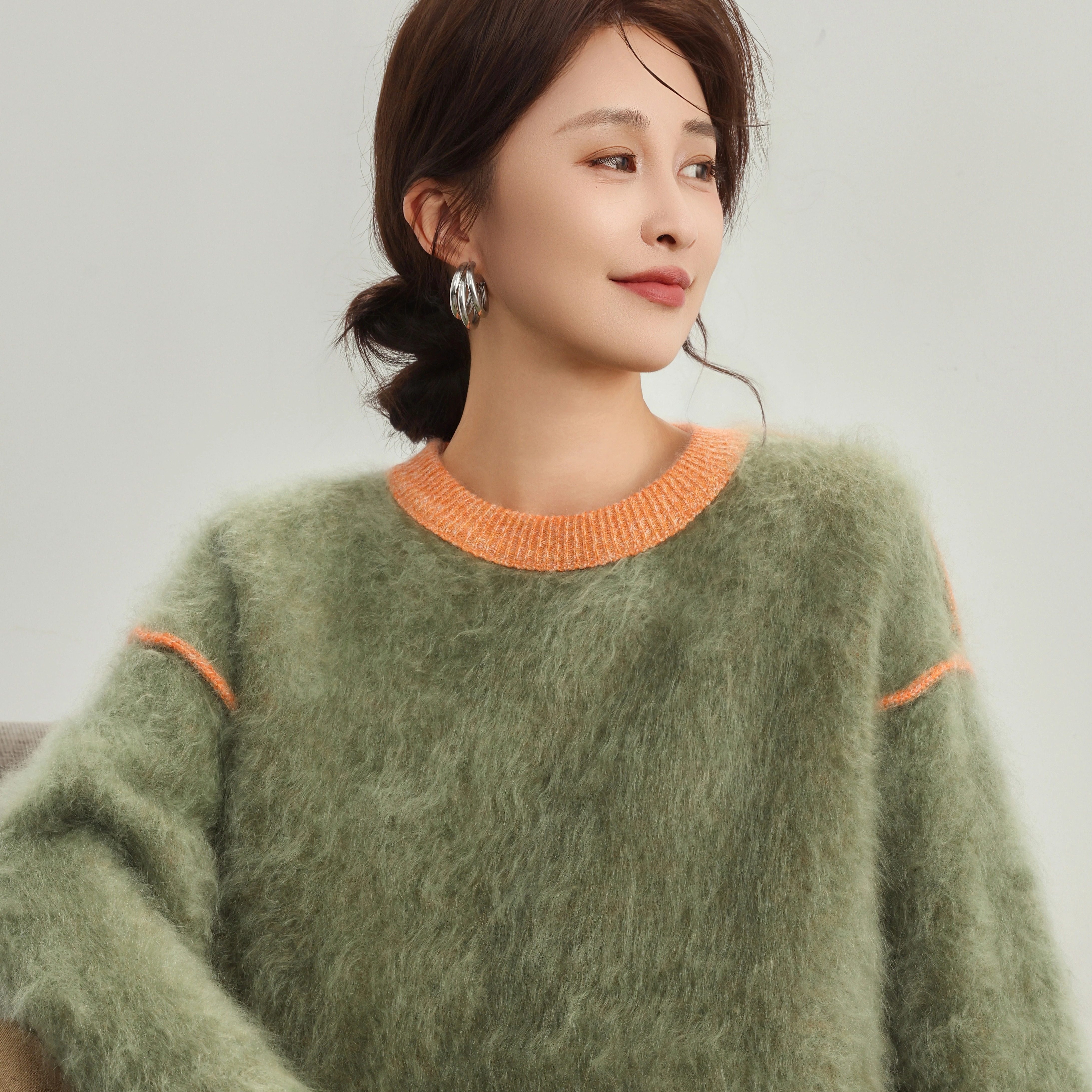 纯羊绒拉毛圆领山羊绒衫女拼色两面穿拉毛厚款长袖绿色12-Z22302