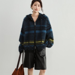 梵高 山羊绒拉绒连帽宽松提花百搭女士秋冬YT10777 天空之眼