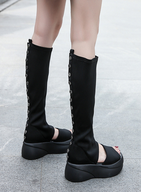 欧美春夏新款凉鞋女款厚底镂空长靴时尚舒适弹力靴铆钉高筒鱼嘴靴