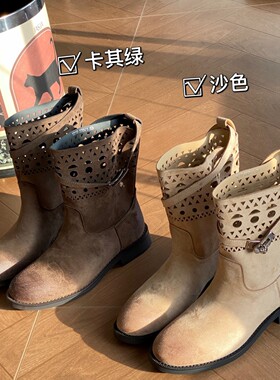 女春秋欧美镂空低跟软面骑士靴