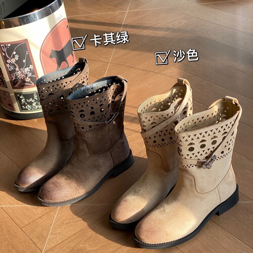 女春秋欧美镂空低跟软面骑士靴