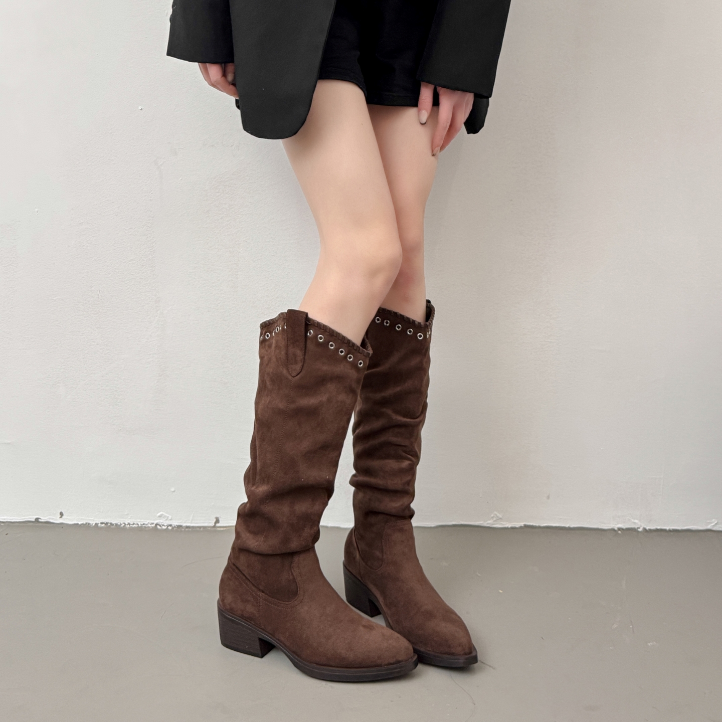 复古欧美风铆钉堆堆靴大腿围长靴