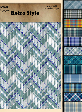 junk journal蓝色格纹手帐素材纸复古手账套装材料包手账造景材料