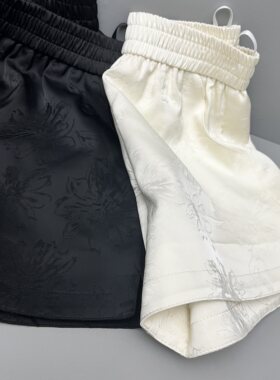 春夏季新款短裤女缎面提花百搭松紧宽松大码开叉阔腿显瘦靴裤春秋