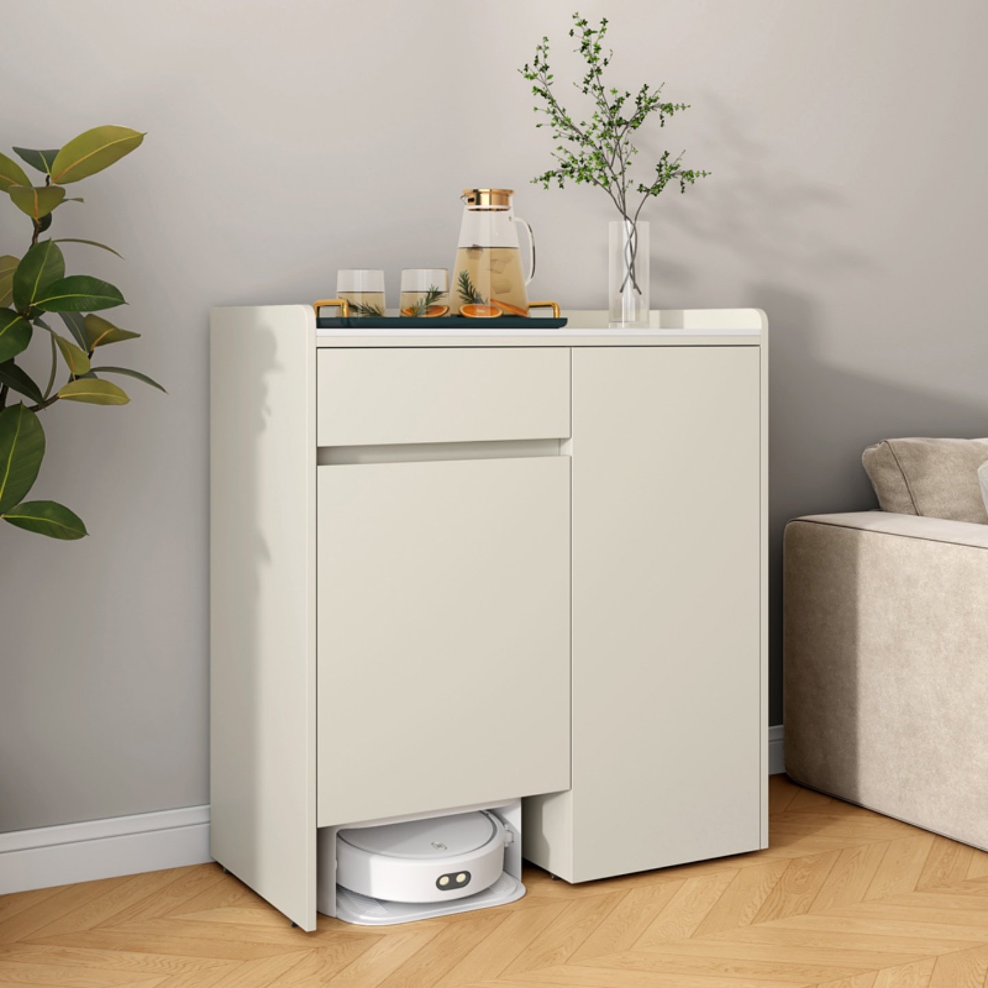 可移动扫地机器人置物柜基站收纳架客厅边几带轮家用实木储物柜子