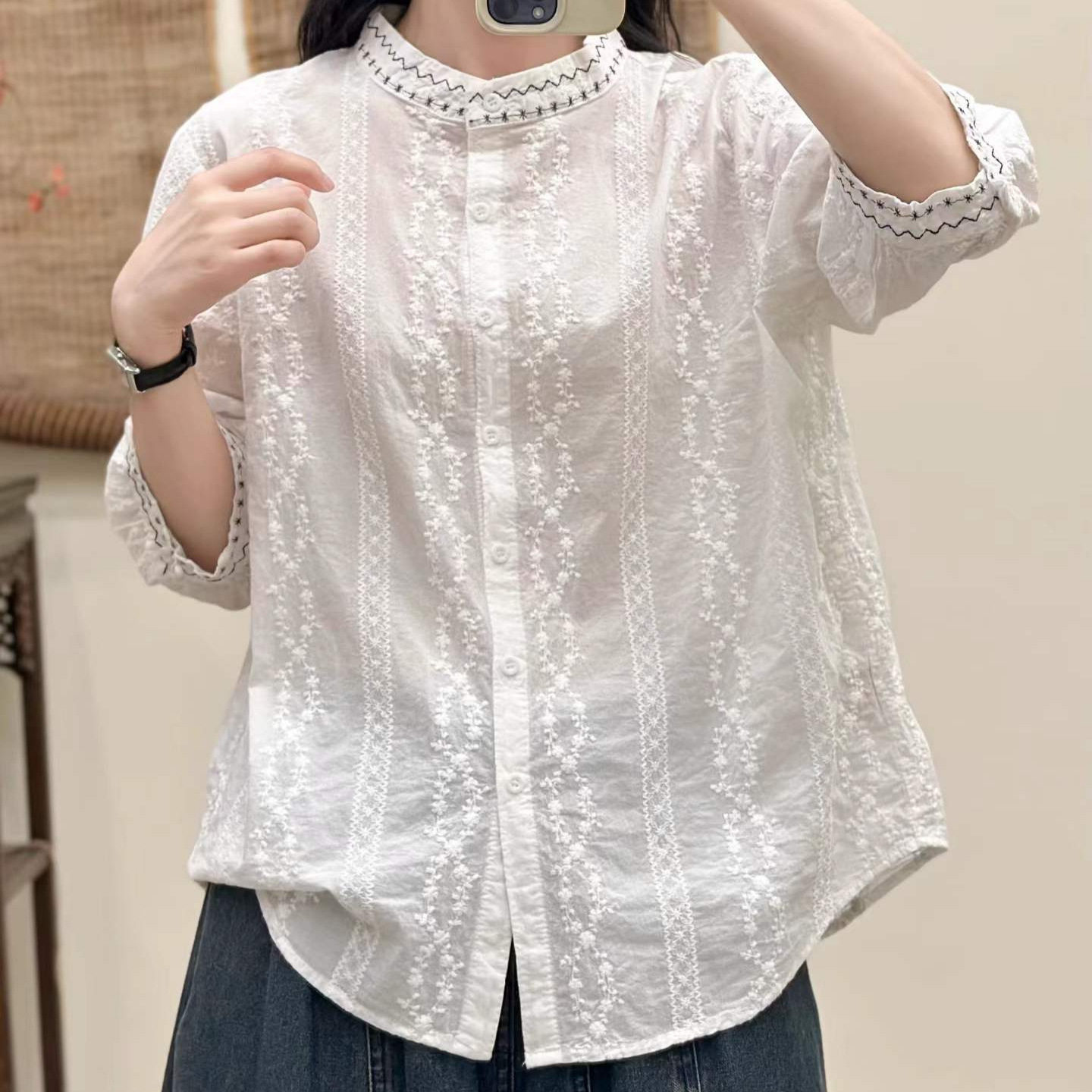 日系森女提花刺绣立领中袖衬衫