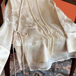 新品高端女装欧根纱牡丹绣花斜襟上衣早春秋季新款衬衫外新中式