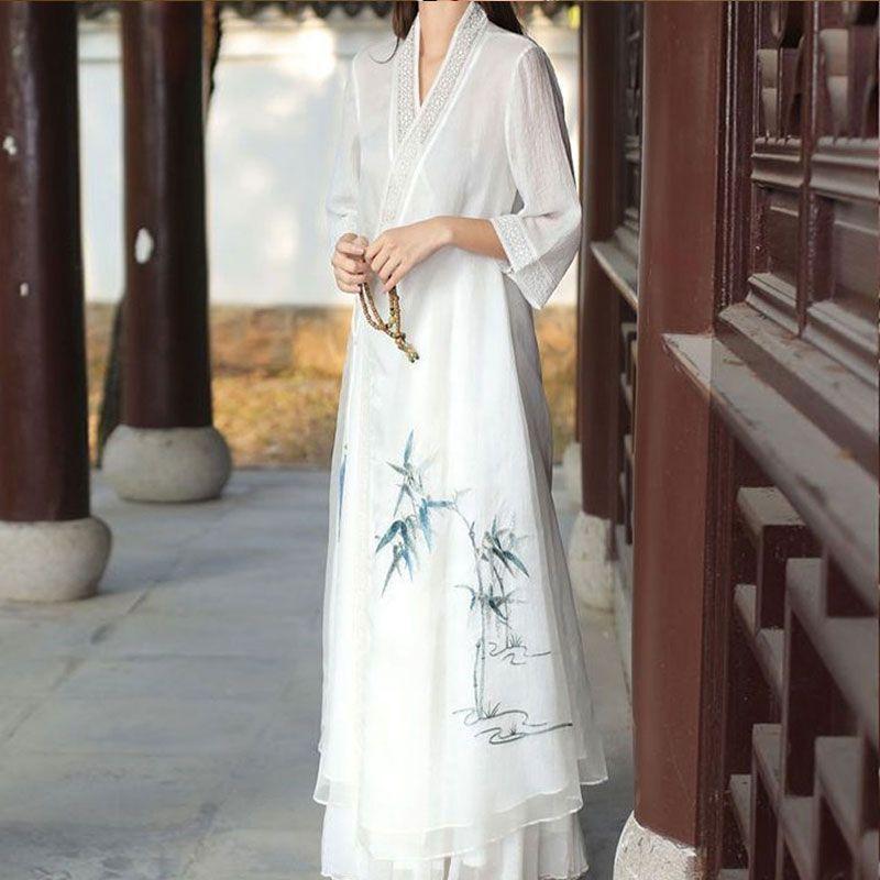 新中式禅意长袖连衣裙秋季女装汉服改良茶服茶艺师服装女古风裙子