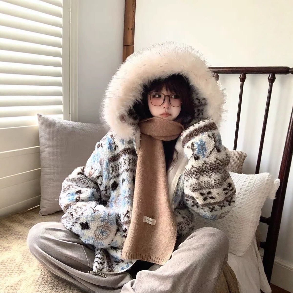 费尔岛风美式复古羊羔绒加绒加厚外套宽松2025年新款冬季保暖棉衣