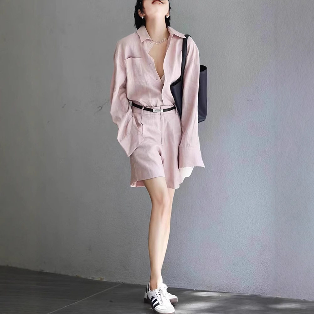 棉麻亚麻休闲气质衬衫套装2026夏季高级感御姐炸街上衣短裤两件套