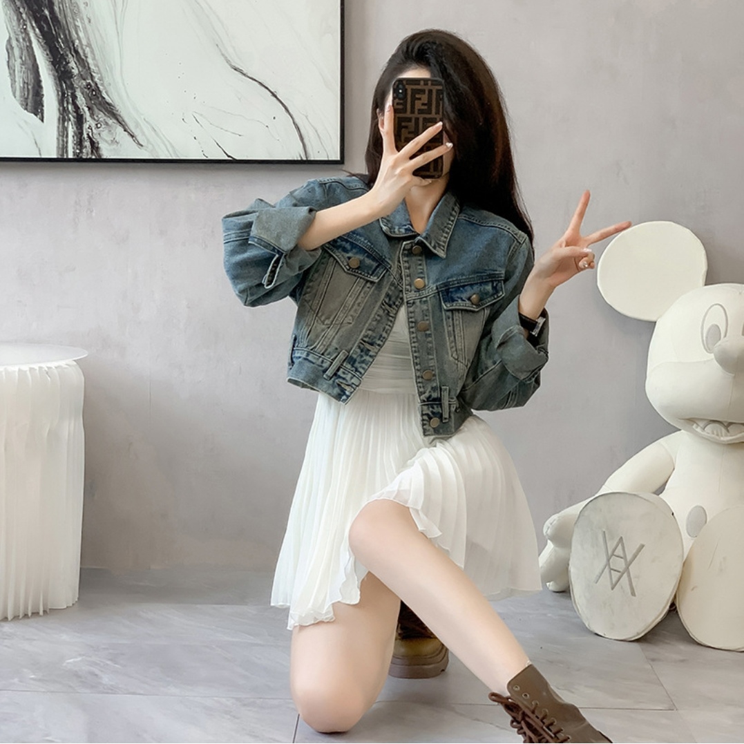 欧货复古翻领牛仔外套女2025秋冬百搭高腰短款修身显瘦夹克上衣