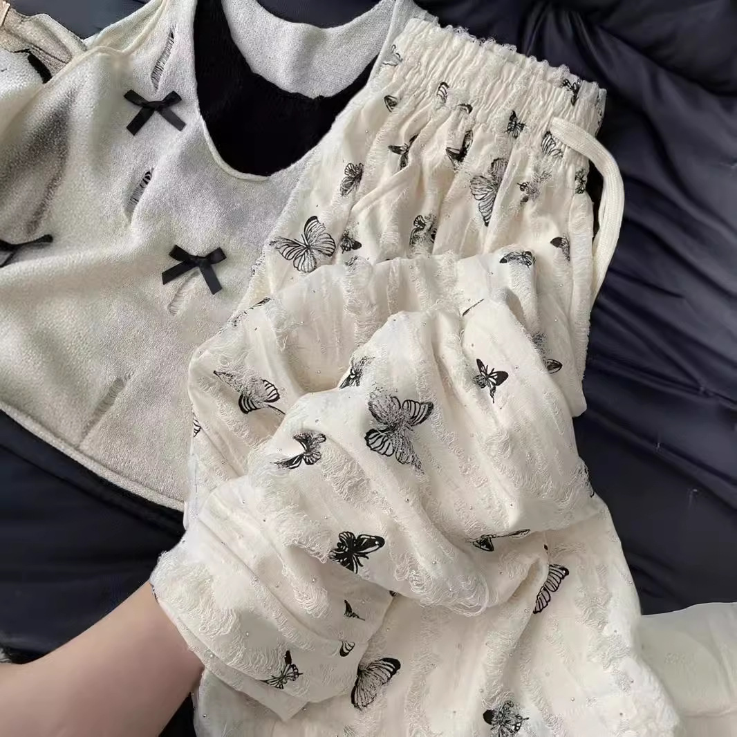 小香风甜辣妹吊带蝴蝶结裤子套装女2025新款夏季搭配休闲裤一整套