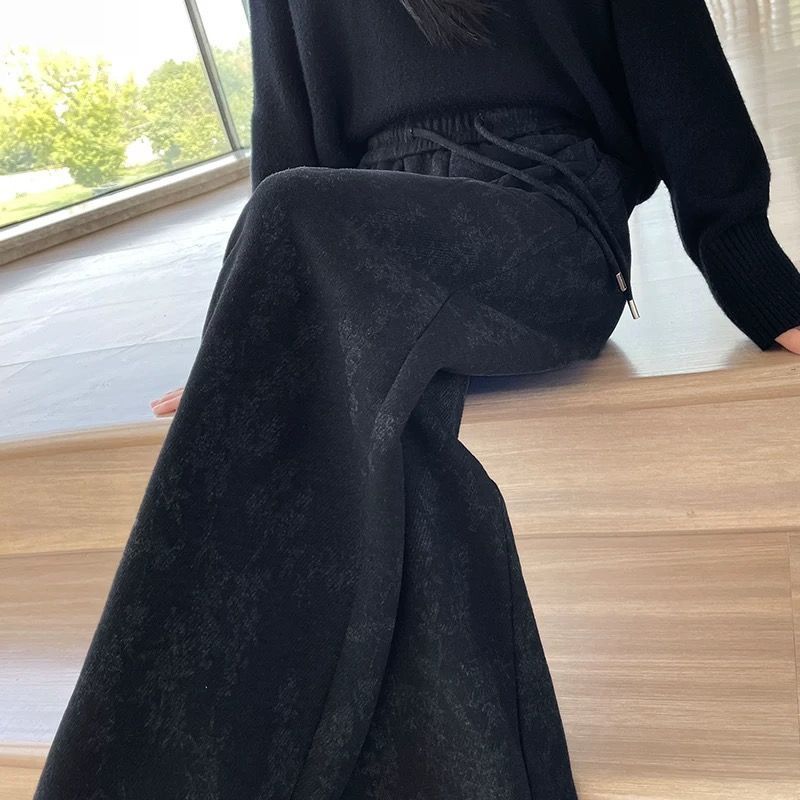 新中式高腰提花针织阔腿裤女