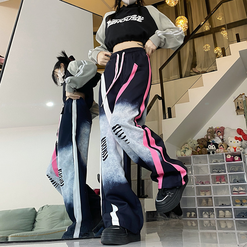 高街复古扎染裤子男女2024新款宽松直筒束脚抽绳阔腿休闲裤潮P58,男装休闲裤,四季星座218-1