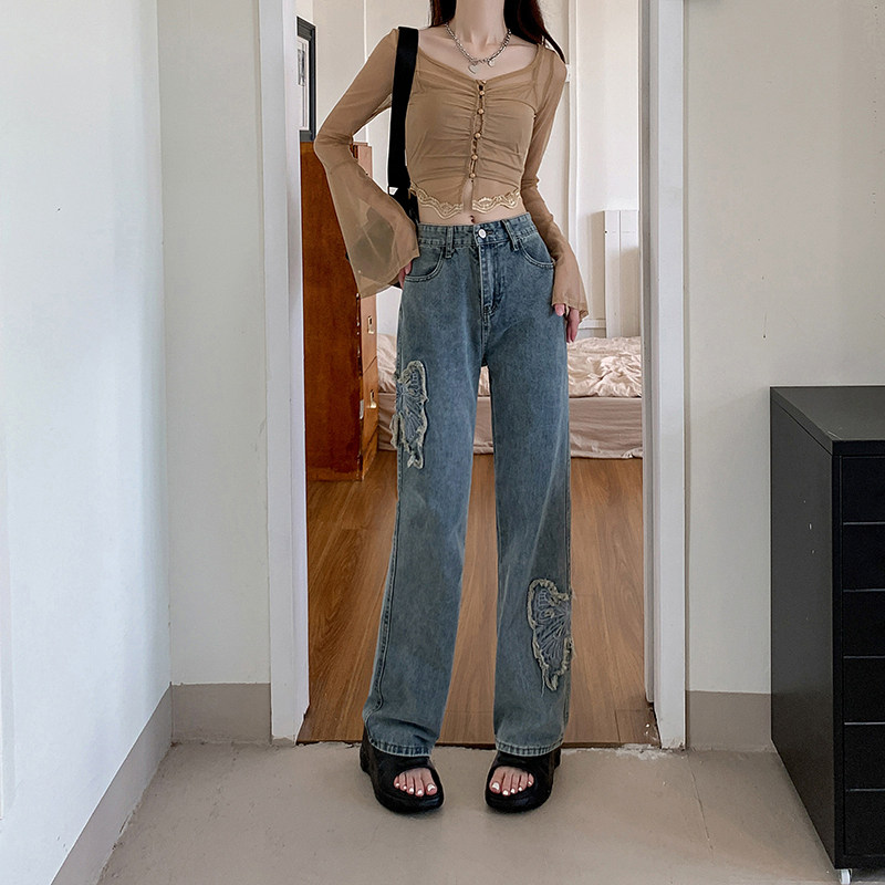 美式蝴蝶刺绣牛仔裤男女2023辣妹高腰修身显瘦拖地牛仔裤P60,男装牛仔裤,四季星座218-1
