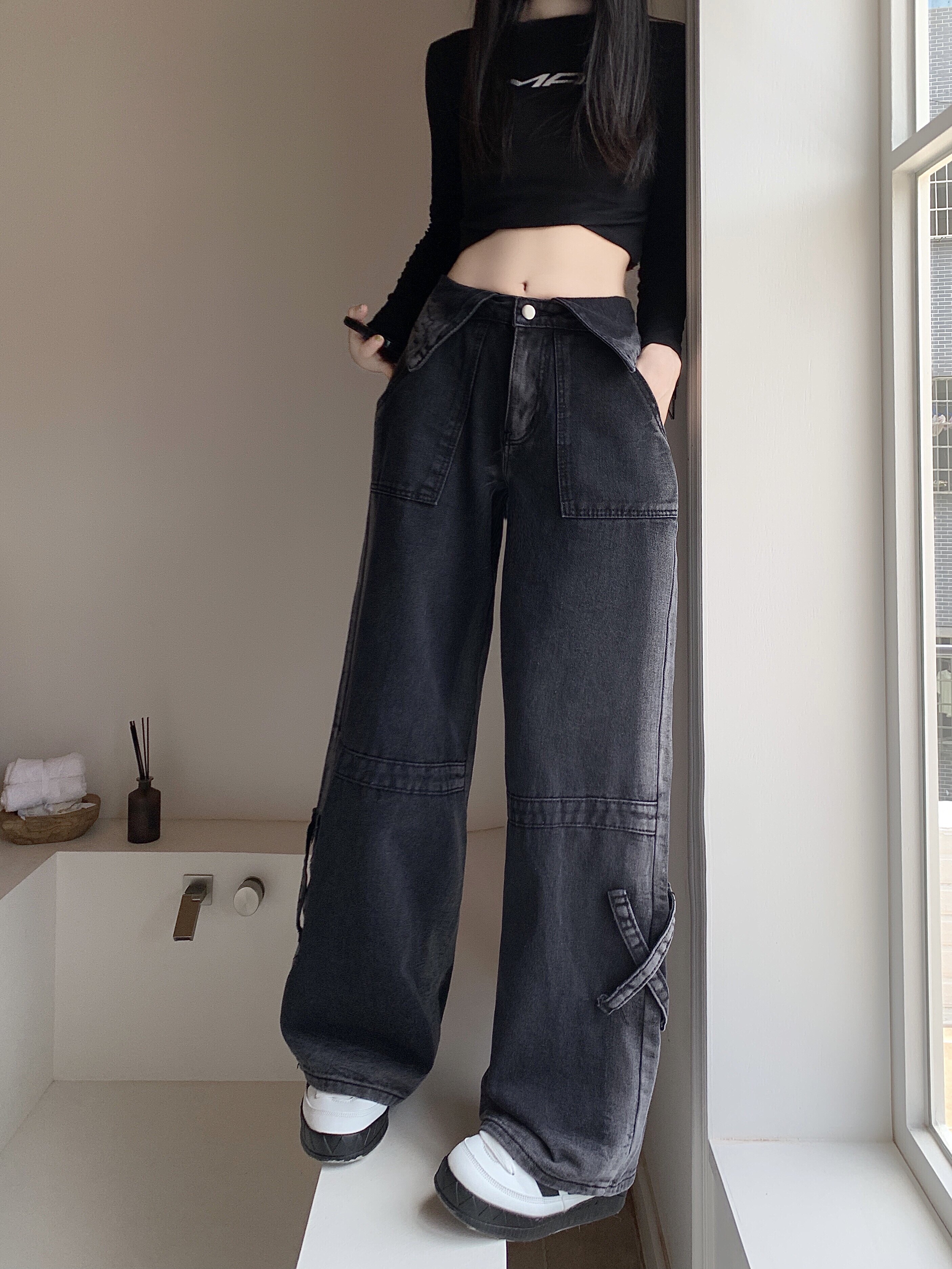 早秋新款渐变牛仔裤女翻边腰头设计感宽松显瘦长裤裤子P63,男装牛仔裤,四季星座218-1
