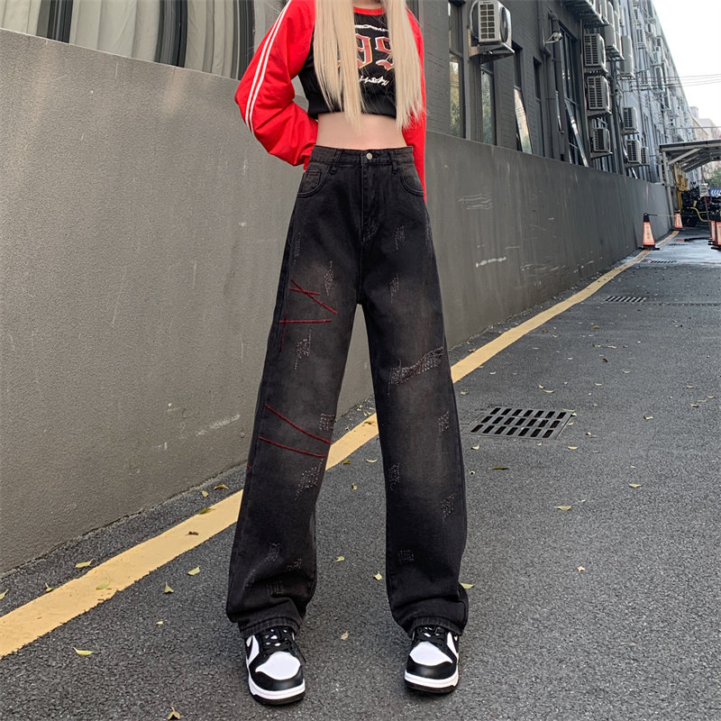 美式辣妹韩版牛仔裤ins潮秋磨破做旧水洗直筒宽松阔腿长裤子P58,男装牛仔裤,四季星座218-1