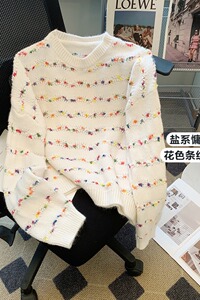 圆领条纹针织毛衣早秋设计感小众慵懒风百搭宽松洋气上衣潮P58图片